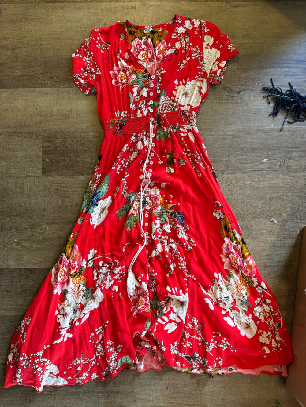 Red Floral Button-Front Dress with Smocked Waist